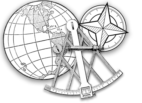 illustrations of the earth, a sextant and a compass rose