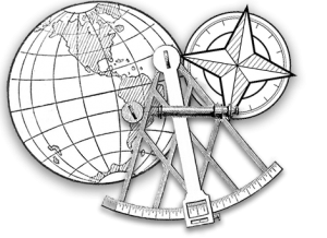 illustrations of the earth, a sextant and a compass rose